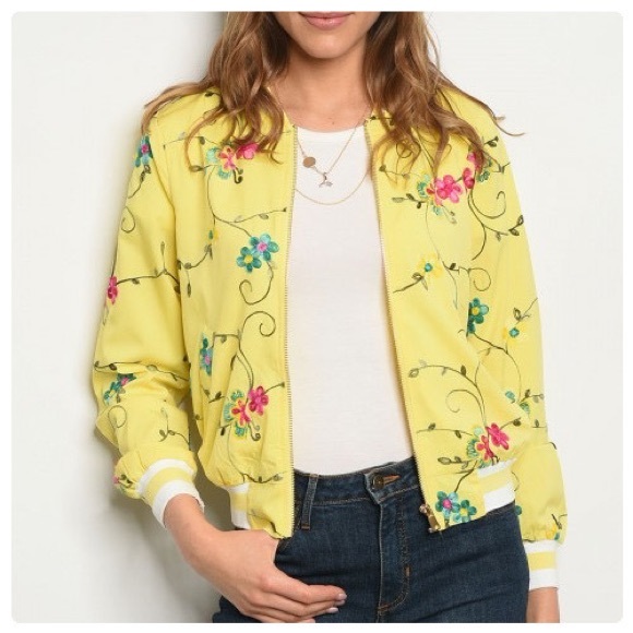 Floral Embroidered Yellow Bomber Jacket - Picture 3 of 8